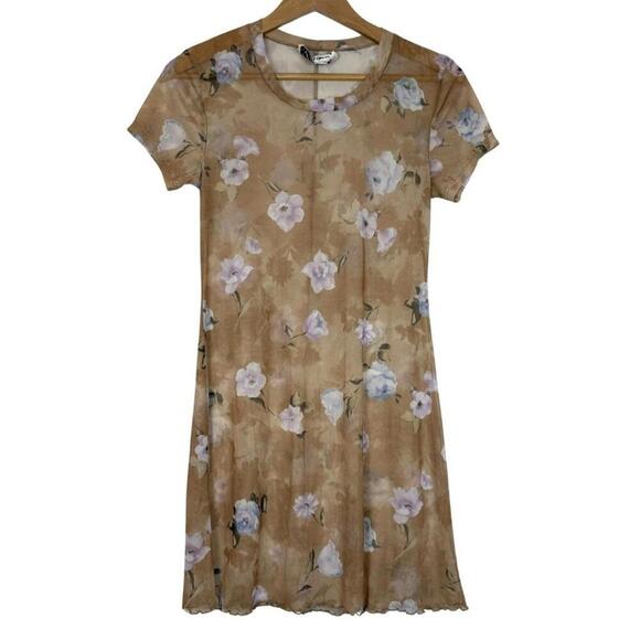 VTG 90's Street Flowers Tan Mesh Floral Dress w/ Lettuce Hem Size: Small - Picture 1 of 7